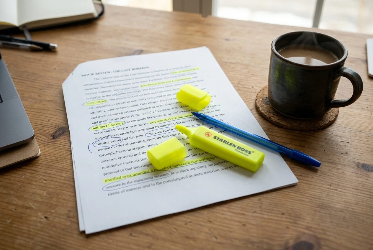 A printed draft of a review lying on a desk with a highlighter resting on top, several words circled in bright ink, a cup of coffee cooling beside it.