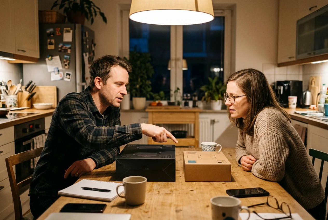 Two different shoppers at a kitchen table comparing a premium gadget box against a smaller, simpler budget version side by side, warm lamp light, one person pointing between the two.