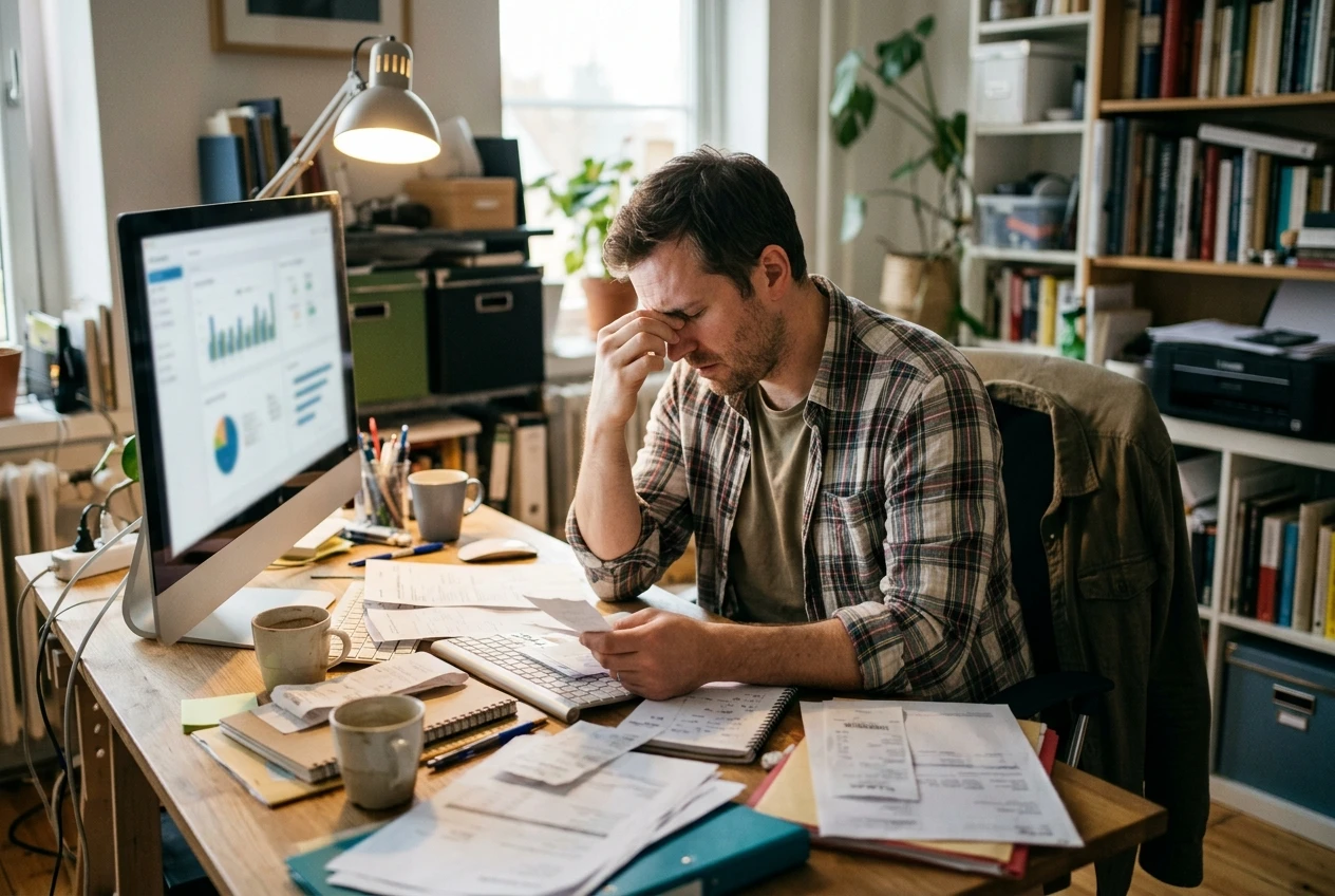 Person sitting at desk in home office in front of computer looking very frustrated as he scans his screen and scattered papters on his desk realizing he is not making sales