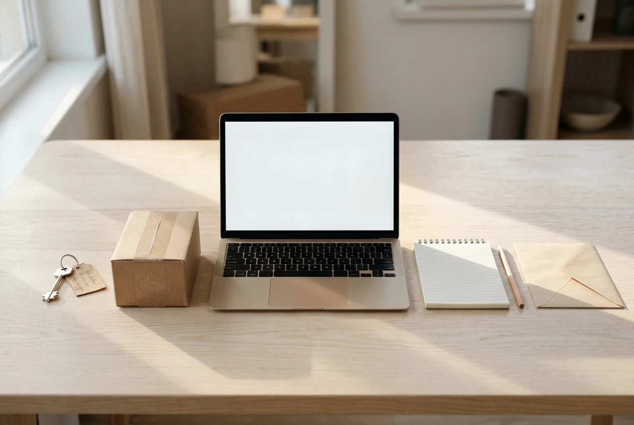 Five plain objects laid out in a row on a pale wooden desk in soft morning window light: a house key tagged with a handwritten address card, a small cardboard box, a laptop with a blank document open, a pencil beside a notepad, and a paper envelope. They stand for the five small jobs behind a websit