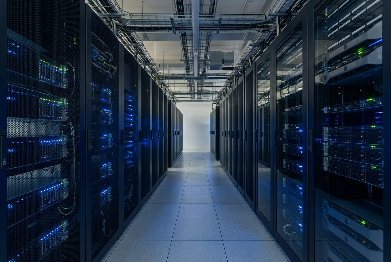 A tidy row of server racks in a quiet, softly lit data room, with blue indicator lights glowing along the cabinets and a clean corridor stretching between them. It makes the idea of hosting as a company-owned computer concrete.