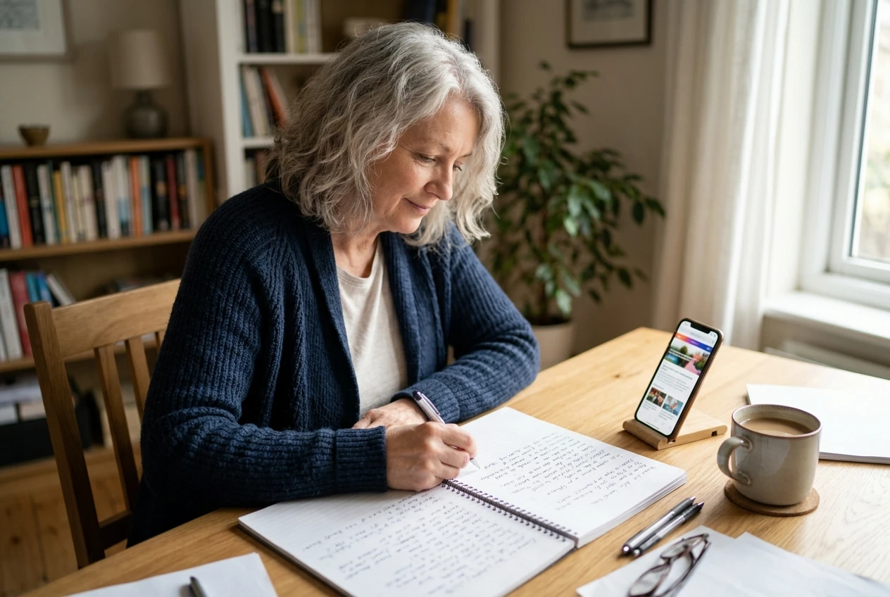 A woman with grey hair sits at a desk beside an open spiral notebook full of handwritten terms and definitions, a phone propped up to show a website page, and a cup of coffee, in calm daylight. She looks relaxed as she writes a note.