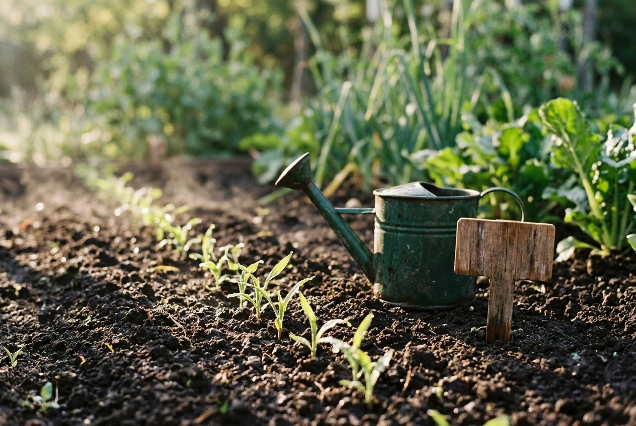 A garden bed photographed in soft morning light showing a row of tiny seedlings just breaking through dark soil beside a small watering can and a wooden marker stake, with taller established plants blurred in the background to suggest slow, steady growth.