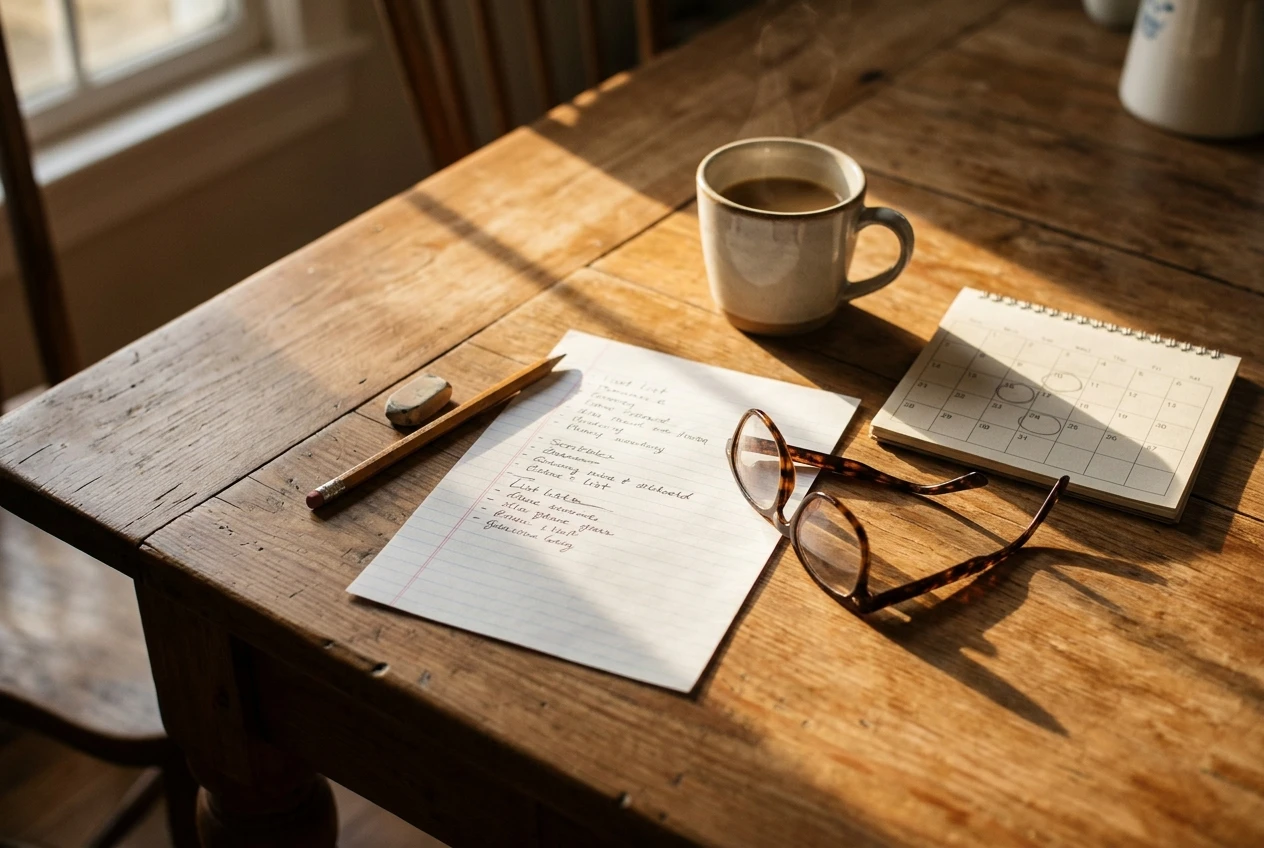 A kitchen table in late afternoon light with a handwritten list on lined paper, a pencil, reading glasses and a cup of coffee, a small calendar with a few days circled, suggesting calm, careful decision-making before committing.